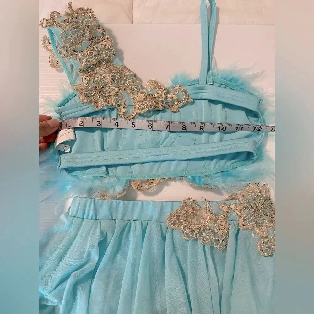 Glamour Solo Dance Costume Aqua Blue Feather jazz Broadway 2 Piece XLC Child SA